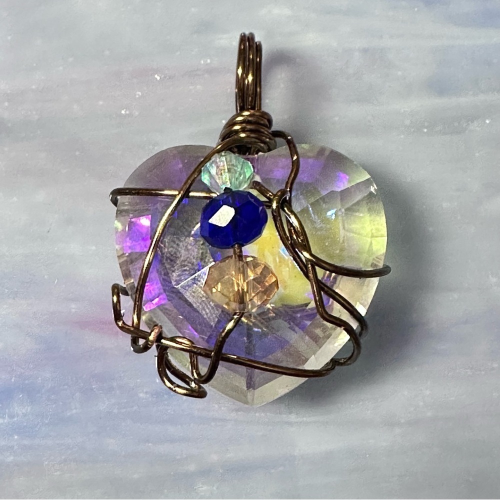 RUBYRUDI Artisan Glass Crystal Heart Pendant Wire Wrapped Handmade Art To Wear